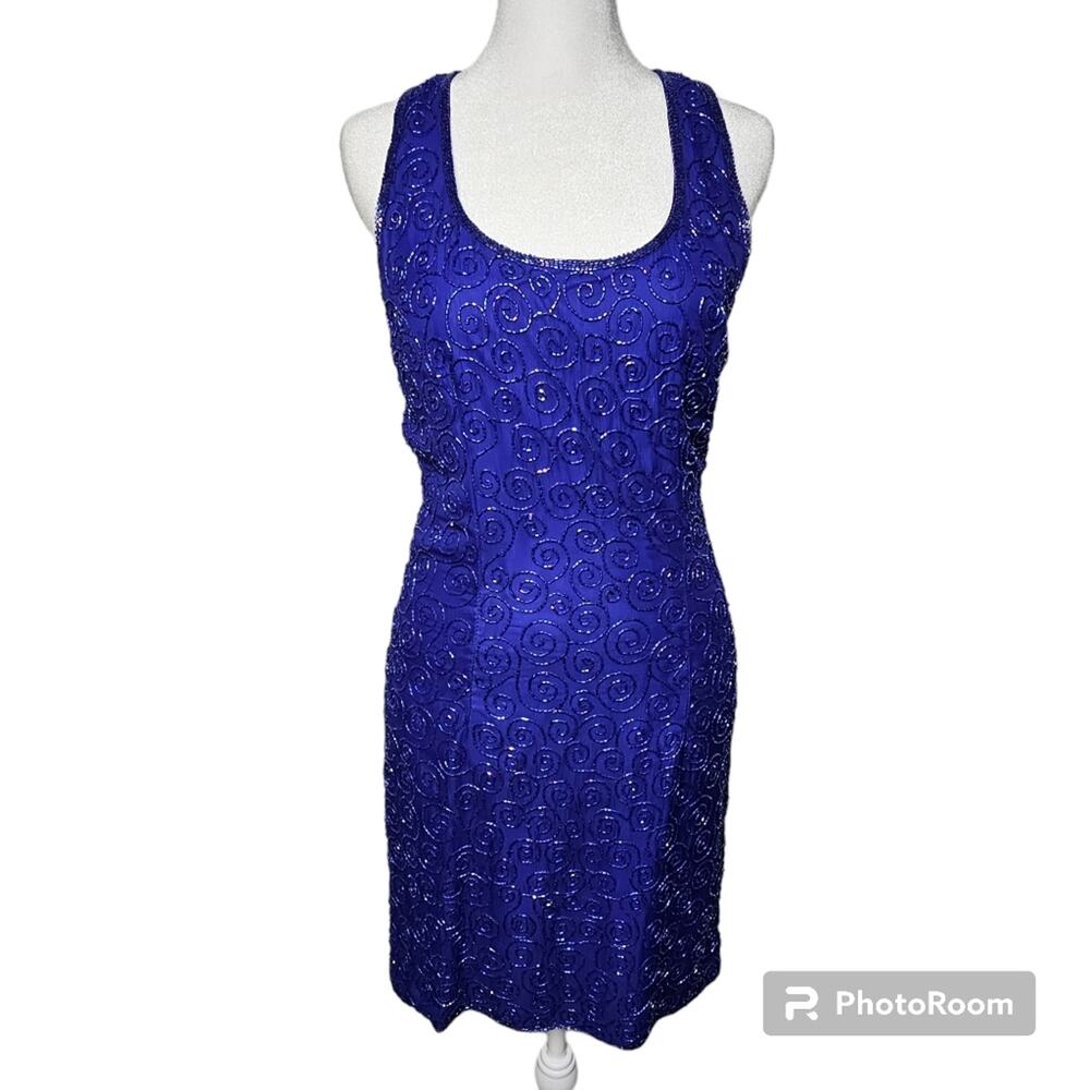 Charo Ruiz Ibiza 100% Silk Beaded Dress with Polyester Lining Cobalt Blue Size M